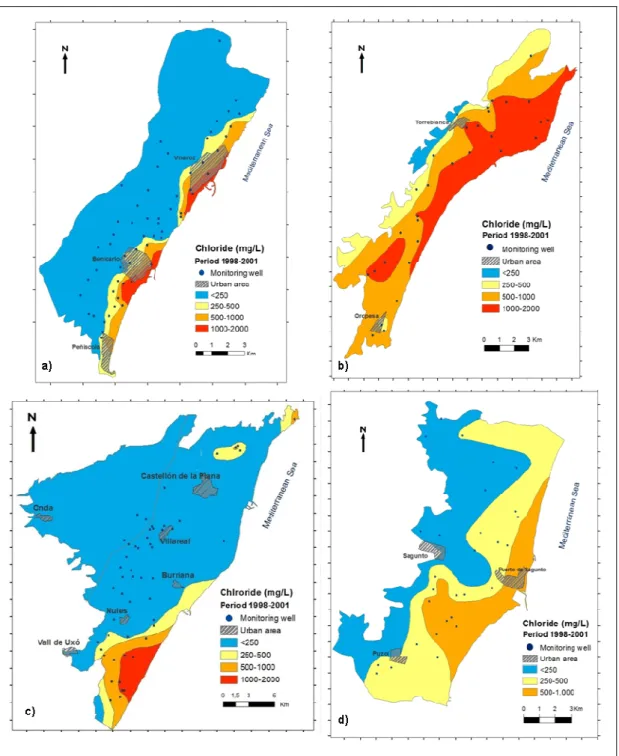 Fig.  2  Chloride  concentrations  for  the  last  period  available  (mean  of  1998–2001)  in  the  (a)  Vinaroz  Plain,  (b)  Oropesa-Torreblanca Plain, (c) Castellón Plain, and (d) Sagunto Plain aquifers