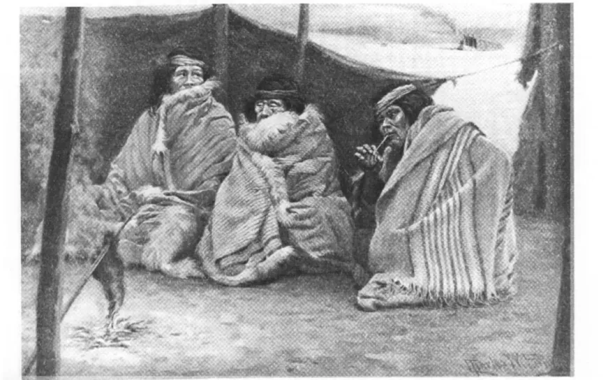 Fig.  21.-  A6nikenk tomando mate delante de su toldo, en Tres Lagunas. Dibujo  de Charles  Hombre Austral,  I.P