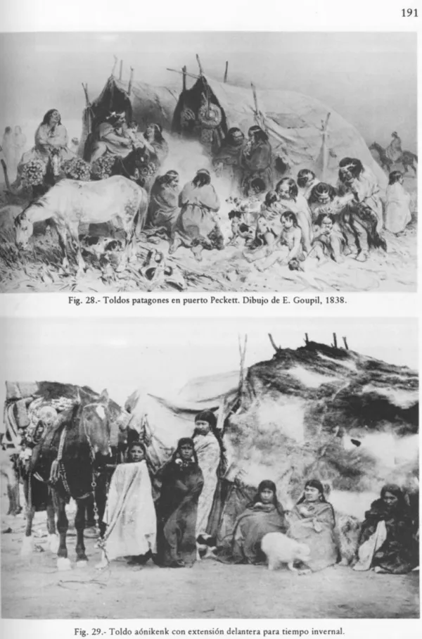 Fig.  28.-  Toldos  patagones en puerto Peckett. Dibujo  de  E.  Goupil,  1838. 