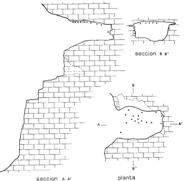 Fig. 2. Abrigo V, escala 1:100, los puntos delimitan el área de las pinturas, topografía Doménec Miquel.