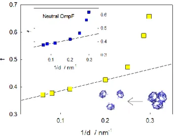 Figure 7. Calculated ratio f between R ac  for the OmpF trimer and R ac  for a single  OmpF monomer for different artificial separations d between monomers (yellow  filled squares)