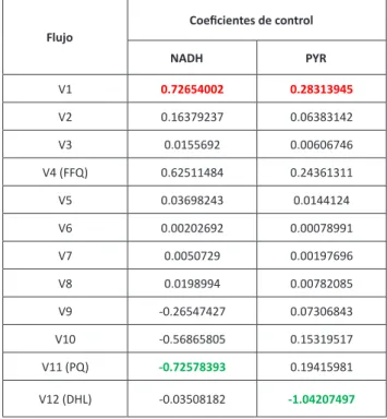 Tabla 3. Coeficientes de control para NADH y piruvato en el modelo  matemático. 