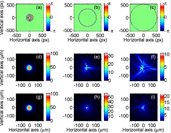 Figure 2. (a-c) Phase transmission function encoded in the SLM corresponding to a DL with a ring  shape