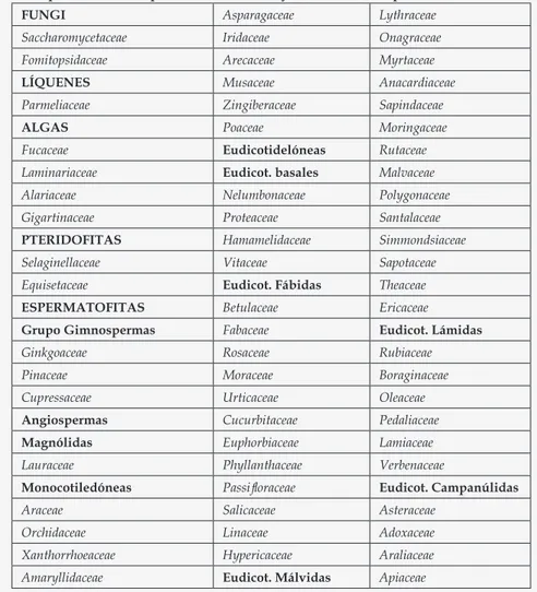 Tabla 1. Relación de familias distribuidas en sus respectivos grupos vegetales,   con especies usadas en productos cosméticos y de cuidado de la piel.