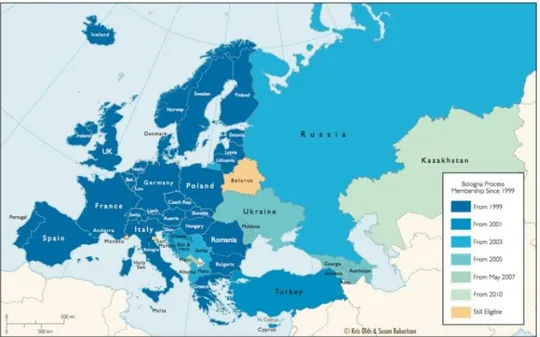 Figura 1. Países miembros del EEES. Fuente: http://westki.info/artykuly/18230/belarus-aficyyna- http://westki.info/artykuly/18230/belarus-aficyyna-prynyali-u-balonski-praces-i-eurapeyskuyu-prastoru-vysheyshay  