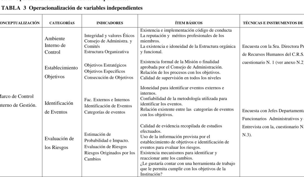 TABLA  3  Operacionalización de variables independientes