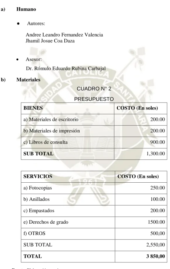 CUADRO N° 2  PRESUPUESTO 