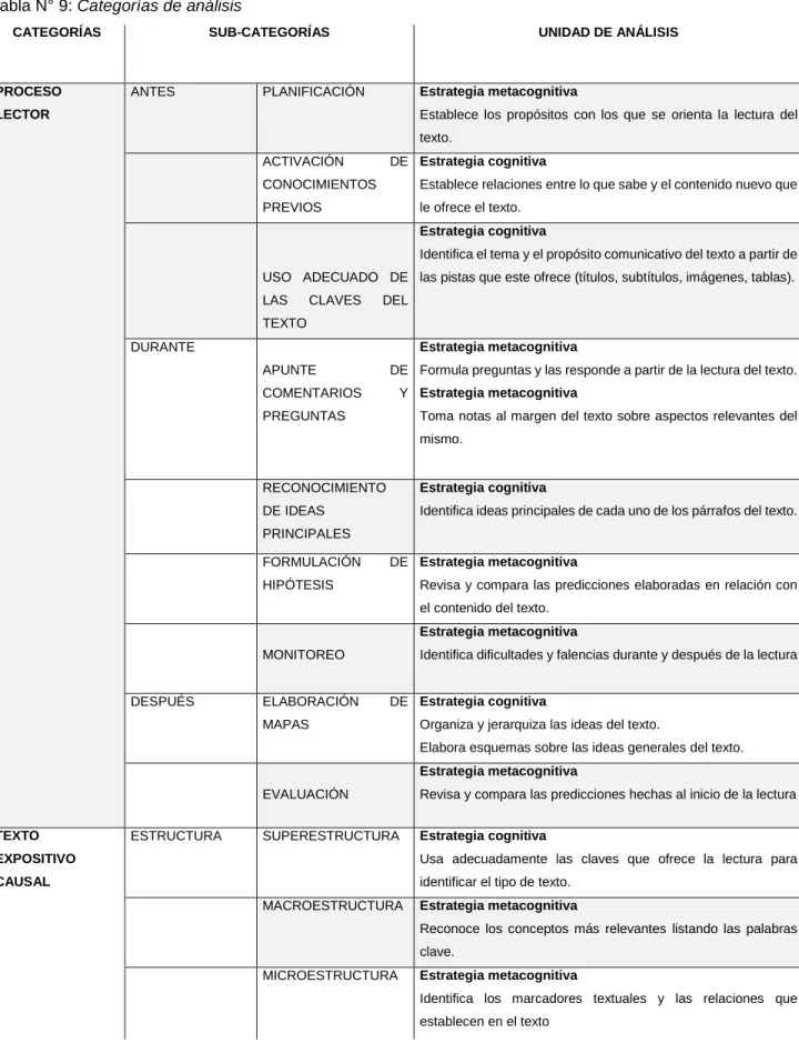 Tabla N° 9: Categorías de análisis 