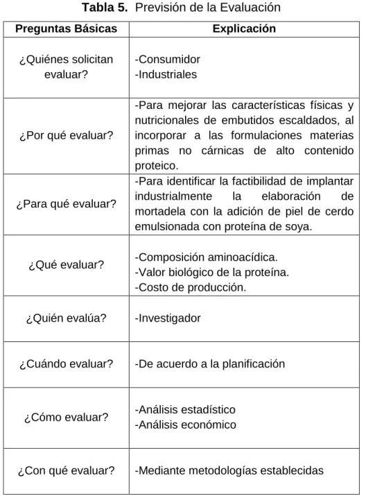 Tabla 5.  Previsión de la Evaluación  