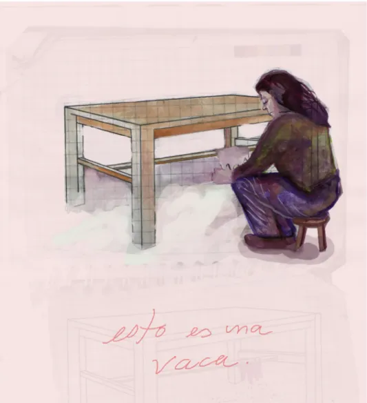 Fig.  4. Dibujo- reconstrucción sobre acción–performance.  Paula Bernal. (Año 2017).