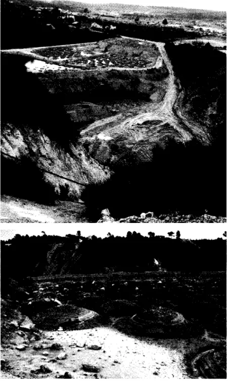 Figura 2.  Vista da área do céu-aberto da mina da Cunha Baixa {a], onde ocorreu  a  lixiviação  ácida  em  pilha  do  minério  pobre  {b]  (fotos  de  1990  gentilmente  cedidas pela ENU, S.A.)