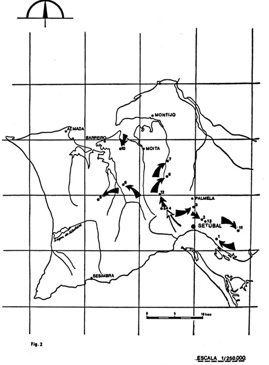 Fig. 2 - Mapa de paleocorrientes de la formación roja de Marco Furado. Nótese el esquema en abanico  di-vergiendo de la &#34;sierra&#34; para todas laS  direc-ciones