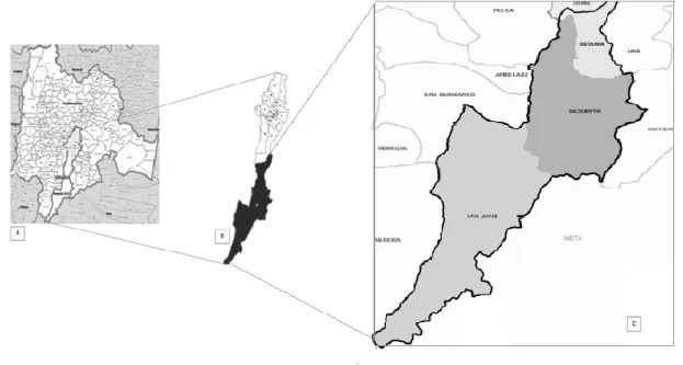 Figura 1. Mapa de localización de la localidad veinte de Sumapaz. A. Cundinamarca. B. Bogotá D.C