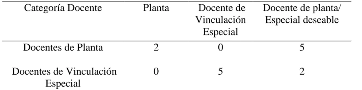 Tabla 5. Docente de planta y Docentes de Vinculación Especial  Categoría Docente  Planta   Docente de 