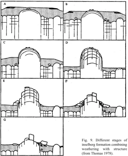 Fig. 9. Different stages of inselberg formation combining weathering with structure (from Thomas 1978).