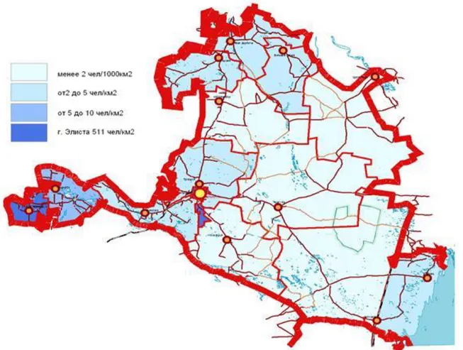 Figura 2. Mapa de la densidad poblacional de la República de Kalmukia - 2015