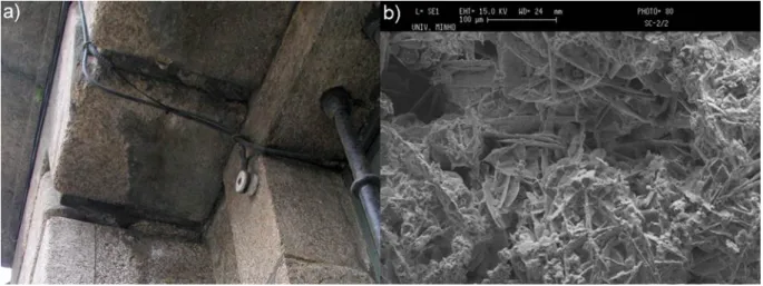 Figure 4. Images of black crusts on granite buildings: (a) field observation; (b) scanning  electron microscope observation showing gypsum aggregates