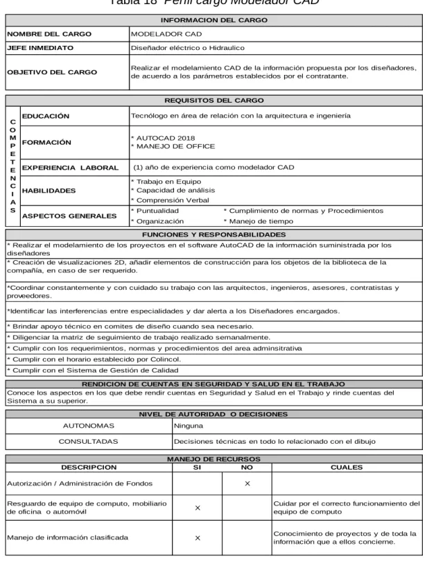 Tabla 18  Perfil cargo Modelador CAD