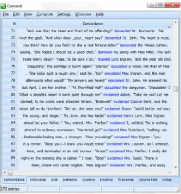 Figure 1. Reporting verbs retrieved in Jane Eyre after concordance ” *ed (20 of 152 examples) Thanks to this concordance, every example like (7) and (8) will be found