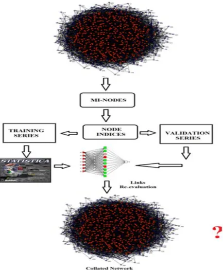 Figura 3. Esquema de un estudio ANN-QSPR de redes complejas bio-moleculares,  sociales, o jurídicas