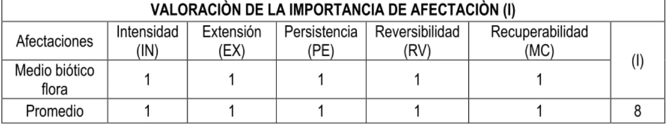 Tabla 7. Valoración de la importancia de la afectación con base en la ponderación de los  atributos 