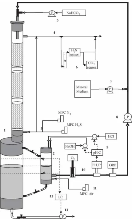 Figure 1.  Schematic of the lab-scale setup. 1: Main reactor; 2: Air supply reactor; 3: Gas inlet;