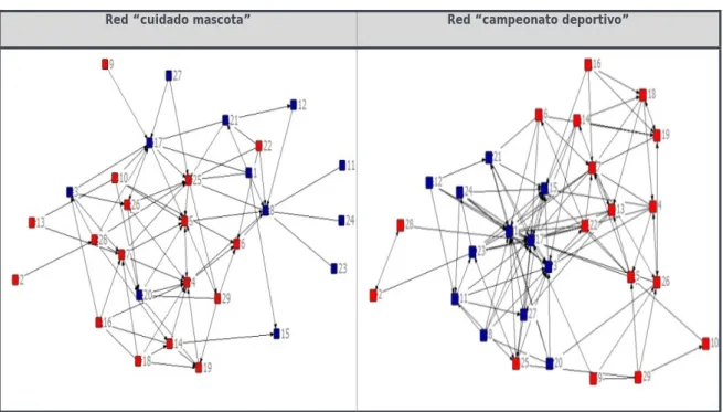 Figura 3. Sociogramas de las redes “cuidado mascota” y “campeonato deportivo”. 