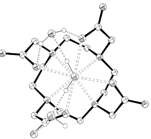 Figure 3. View along the Gd―O W  axis of the structure of [Gd(DOTA)(H 2 O)] − ⋅2 H 2 O (SAP isomer) as optimized in  water at the TPSSh/LCRECP/6‐31G(d) level showing hydrogen‐bonding interactions involving inner‐ and second‐