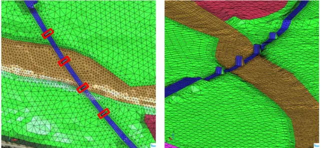 Figure 57. Piers elevation process. Inside the red rectangle are the elements to modify their elevation  (left) and the 3D visualization of the topography (right), including the new piers elevation