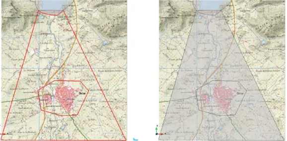 Figure 65. Village surface definition. View of the selected lines of the rest of the model polygon (left)  and the result of this surface creation process (right)