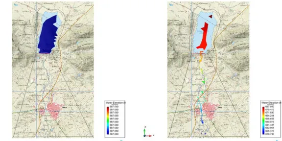 Figure 71. Smooth contour fill representation of the water elevation. Results at the beginning (left)  and the end (right) of the simulation