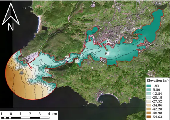 Figure 3. Bathymetry of the Ferrol estuary (NW, Spain). The sewage discharges are located at V1 and V2, whilst the control points are placed at P1, P2 and P3.