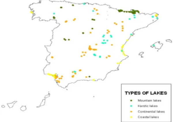 Figure 1: Map with the location of Spanish lakes and  main lakes’ typologies (Ruiz, 2009) 