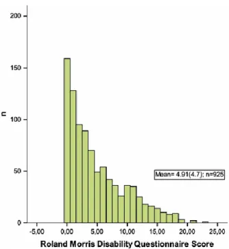 Fig. 2.  Distribution  of  the  shellfish  gatherers  in  accordance  with  the  Roland-Morris  Disability  Questionnaire  [Roland-Morris  Disability  Questionnaire
