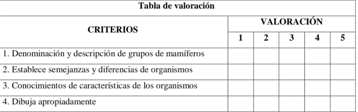 Tabla de valoración 
