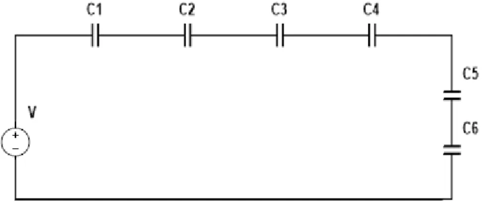 Figura 38 Circuito con 6 capacitores en combinación serie. (Fuente: propia) 