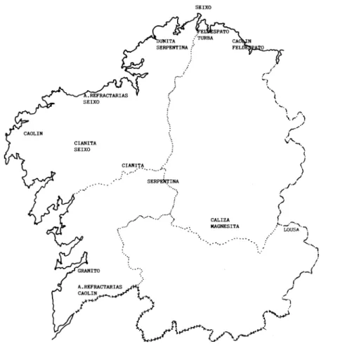 Fig. 1.- Localización xeográfica dos principais xacimentos en explotación de minerais e rochas industriais.