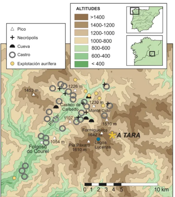 Fig. 1. Localización de la cueva de A Tara, y principales yacimientos arqueológicos descritos en las  inmediaciones.