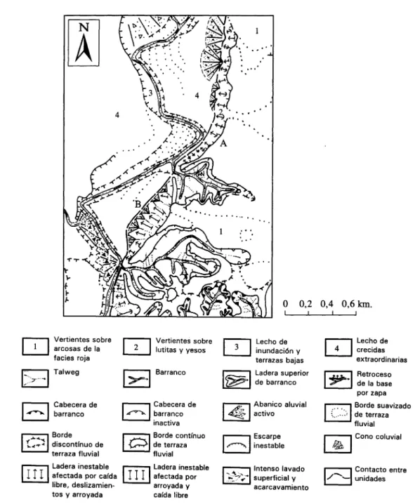 Fig. 4.- Geomorfologra de un segmento del río Jarama, a su paso por la zona de contacto entre la llanura aluvial y las laderas y campiñas de Valdepiélagos y Torrelaguna