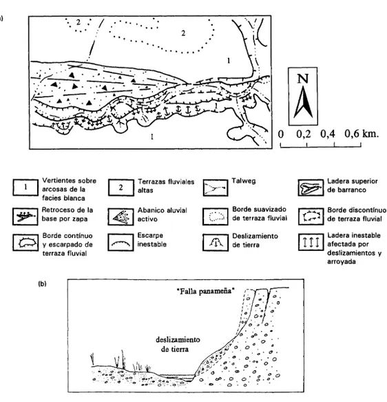Fig. 5. En (a), geomorlologfa de un valle secundario en el área de laderas y campiñas de Valdepiélagos y Torrelaguna; se observa una márgen de ataque con presencia de procesos asociados (deslizamientos y arroyada concentrada)