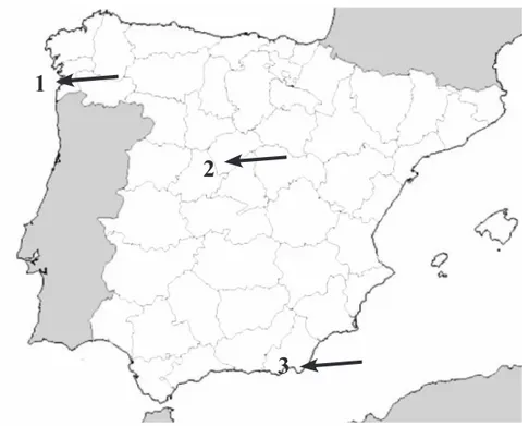 Fig. 6. Location of the meteorological station used in the model: 1=Boiro; 2=Villalba; and 3=Cabo de Gata.