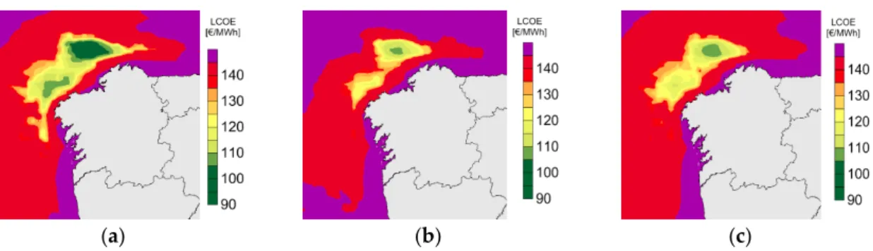 Figure 10. LCOE for the PA (a), PB (b), and PC (c) platforms and an offshore farm of 300 MW.