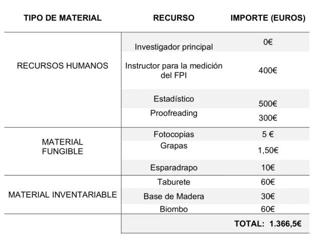 Tabla 10. Recursos e importe 