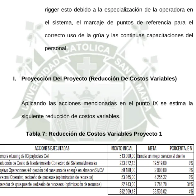 Tabla 7: Reducción de Costos Variables Proyecto 1 