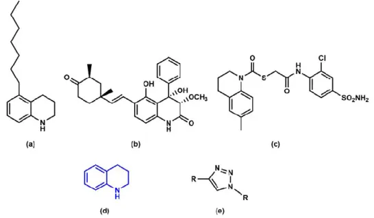 Figure  4.  (a)  5-heptyl-1,2,3,4-tetrahydroquinoline  [44].  (b)  Aflaquinolone  A  [46]