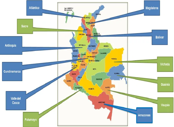 Figura 1: Mapa de Colombia con departamentos de interés para el Estudio. 