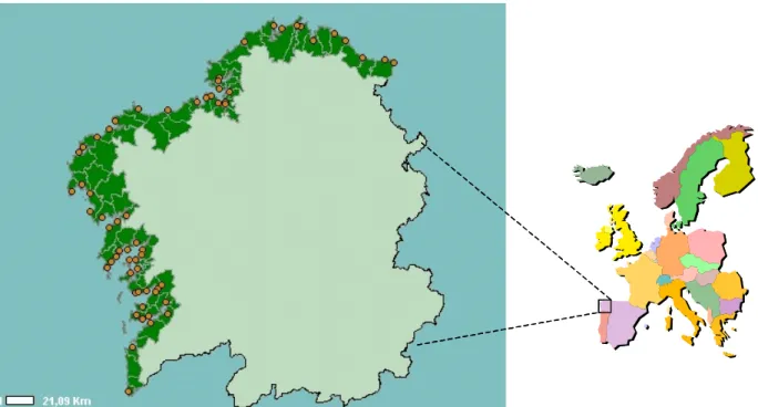 Figure 1.  Map of Galicia (Northwest Spain) The dots along the coast represent cofradías.