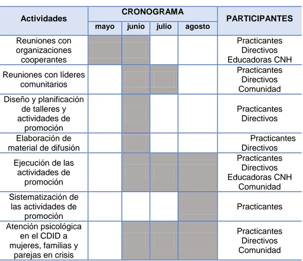 Tabla 3: Cronograma de Intervención  