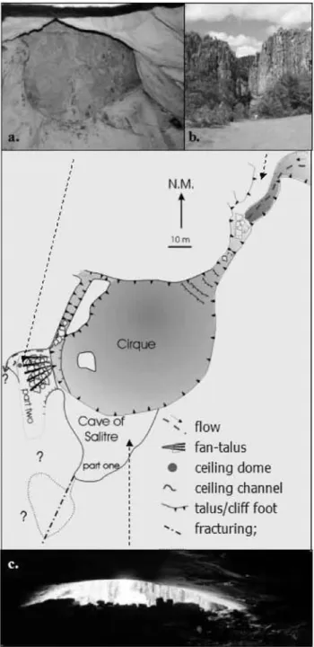Fig. 5: Main morphologies of the Salitre site. a.: ceiling dome  (met-ric diameter) without fracturation;