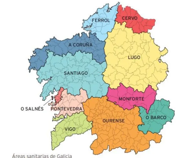 Figura 1: Mapa de las Áreas sanitarias que conforman el  SERGAS (tomada  de la memoria del área  sanitaria de Ferrol 2013)(67)